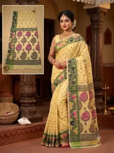 Handloom Jamdani Sarees (Cream and Green)